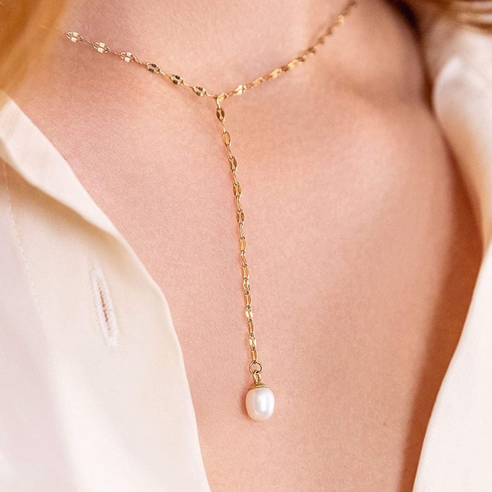 Classic Y Faux Pearl Necklace, Long Gold Necklace, comes with Elegant Silk Pouch